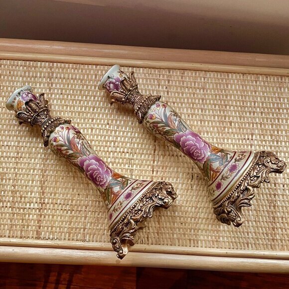 GORGEOUS Set of Two Floral Candlestick Holders Vintage Boho Bohemian - Picture 1 of 14